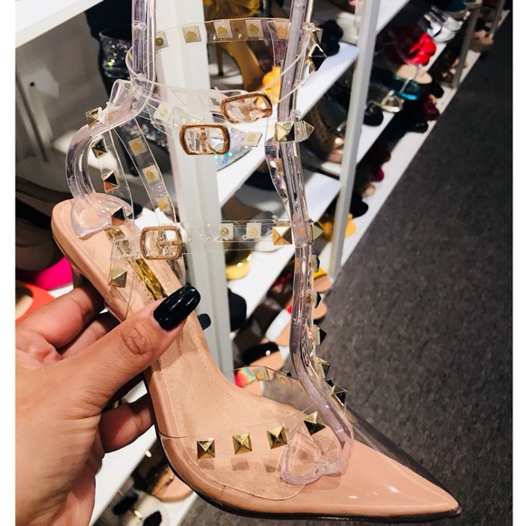 Last Size 8**👠NUDE Clear Straps Studs Heels - Picture 5 of 8
